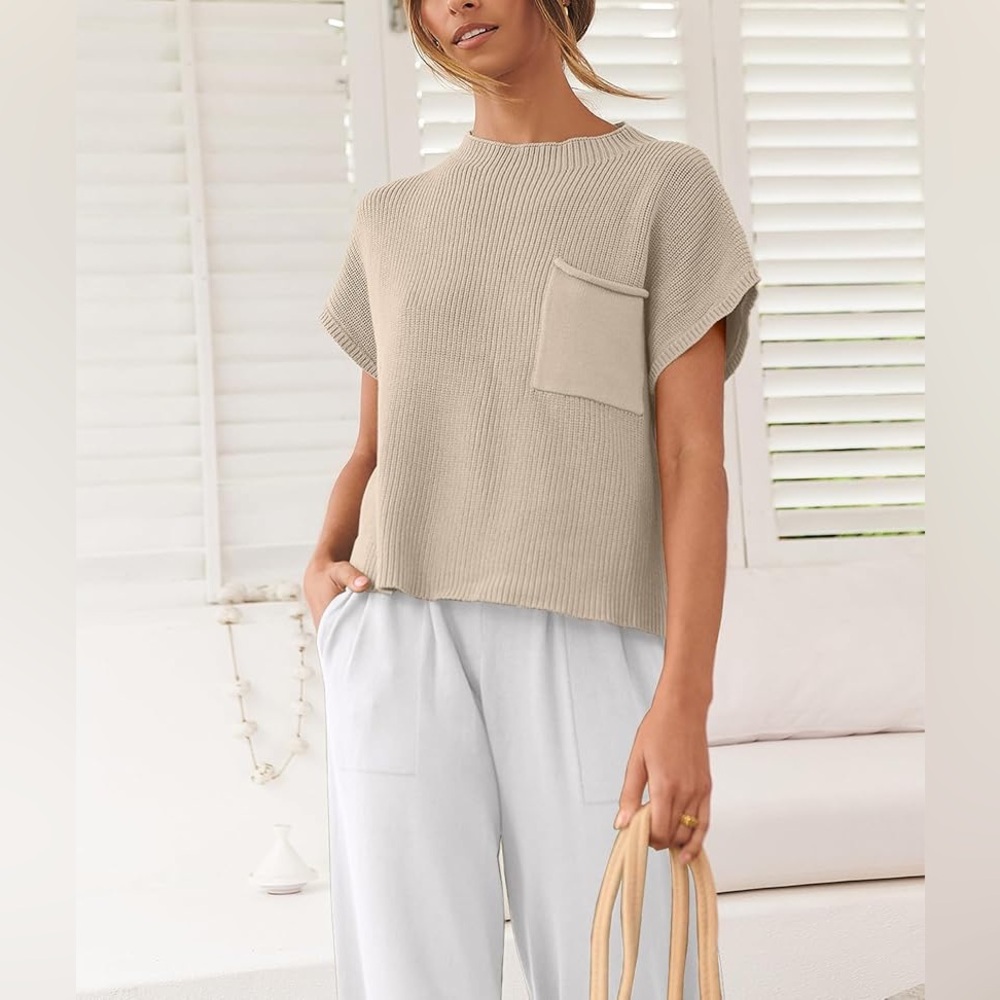 Amazon 2Pc Khaki Knit Top White High Waist Knit Jogger Pant Lounge Set M NWOT - Picture 16 of 16